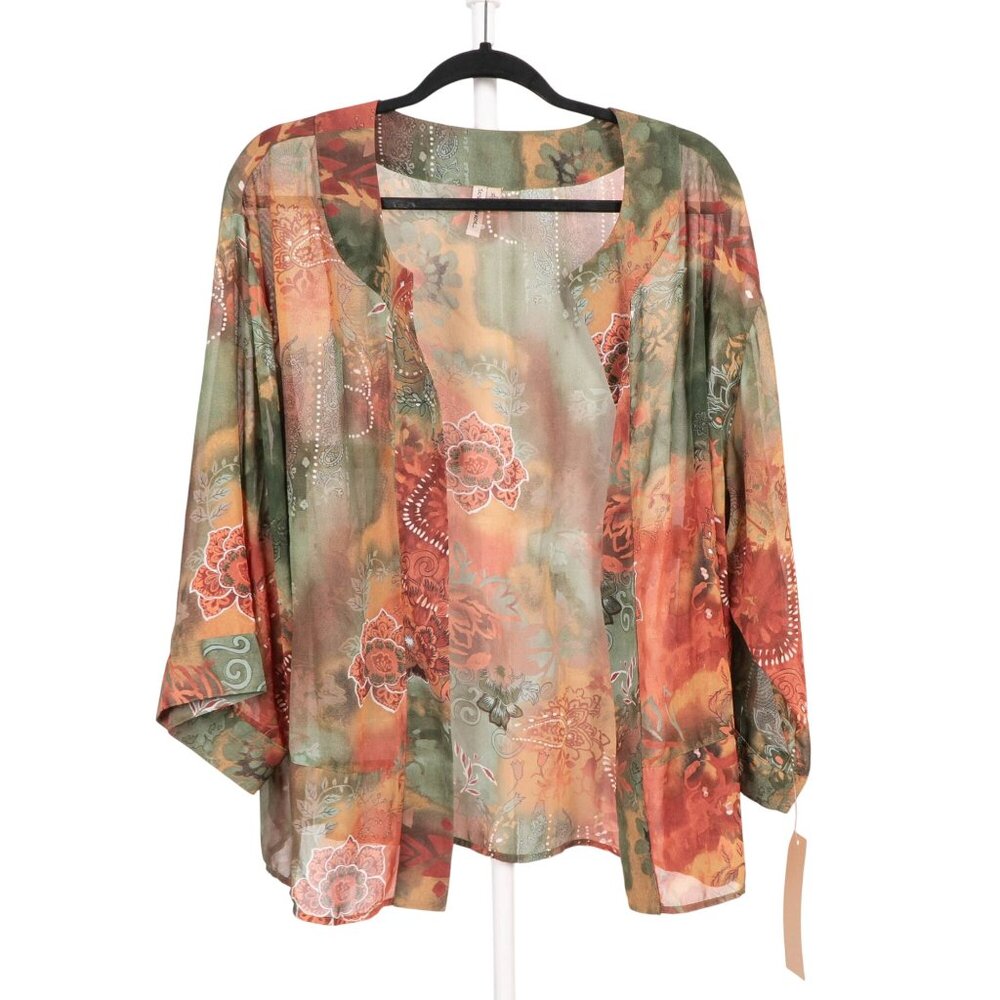 Susan Lawrence Sheer Floral Kimono Blouse XL Orange Green Boho Hippie Gypsy NEW